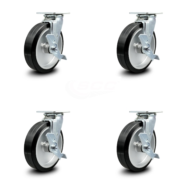8 Inch Rubber on Aluminum Swivel Caster Set with Ball Bearings and Brakes SCC